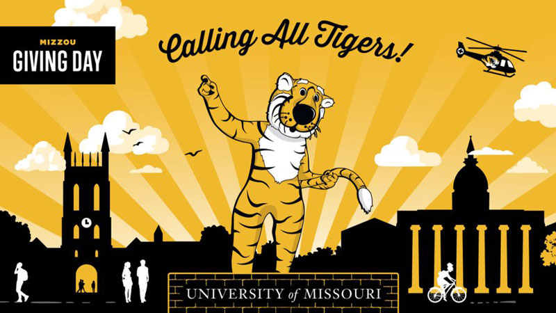 Illustration featuring silhouettes of iconic University of Missouri campus buildings and Truman the Tiger with the words Calling all Tigers