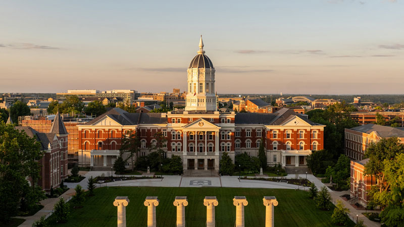 An aerial view of Jesse Hall and the Columns