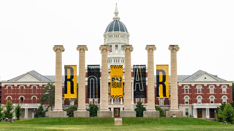 Banners decorated with the Power the Roar logo hang in between the iconic Columns in front of Jesse Hall