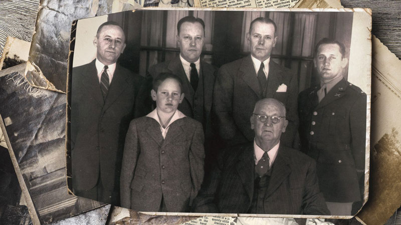A collage of family photos and news clippings with a photo of the five McHaney brothers with their father