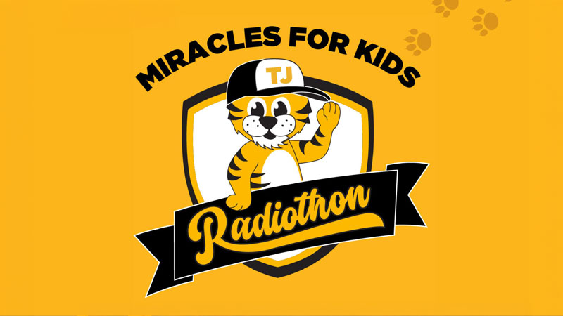 Illustration featuring a young tiger wearing a baseball cap and waving with the words Miracles for Kids Radiothon