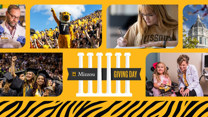 Mizzou Giving Day logo surrounded by images of students and faculty on campus.