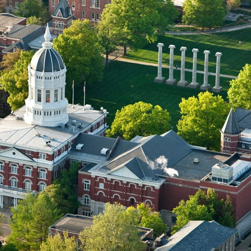 An aerial view of Jesse Hall and the Columns at the University of Missouri.