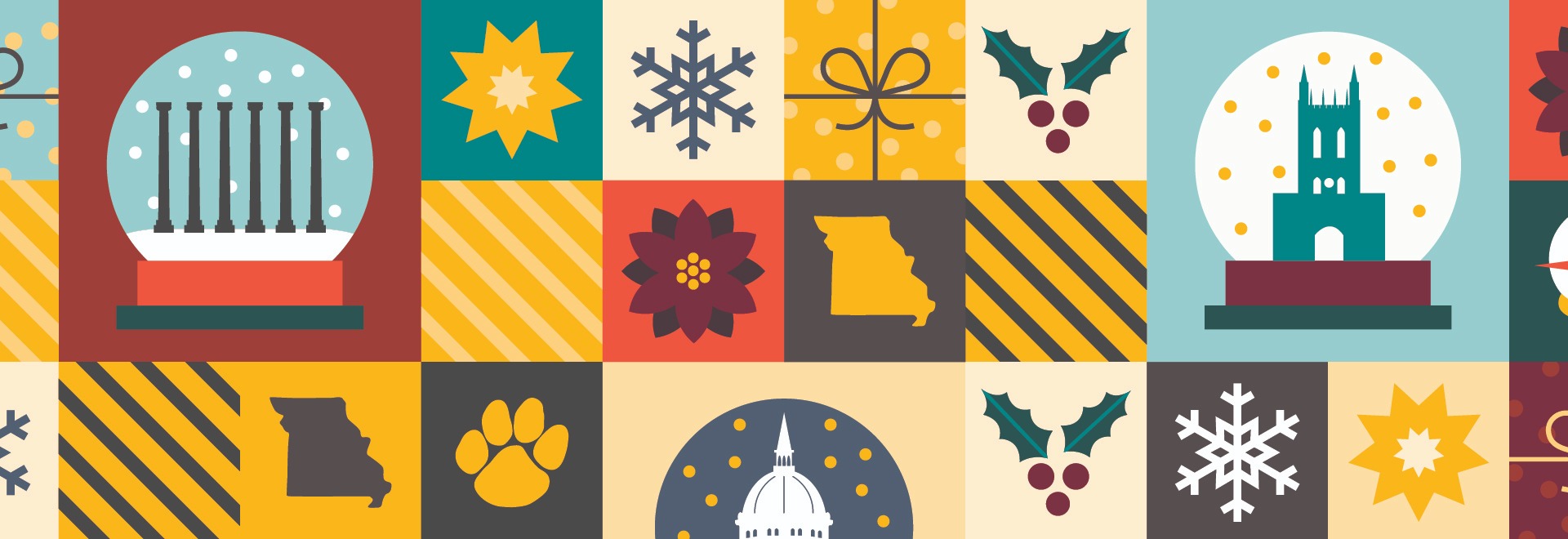 Colorful, tile-style holiday banner featuring Mizzou-themed illustrations.