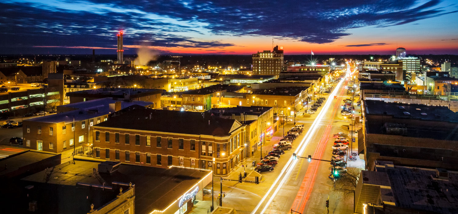 Nighttime view of the streets of downtown Columbia, Missouri.