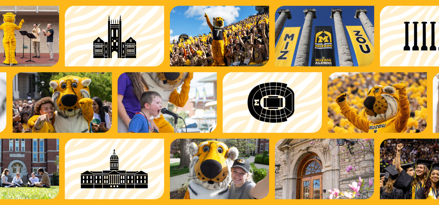 The Mizzou GIving Day logo surrounded by a collage of images depicting campus learning, research and patient care.
