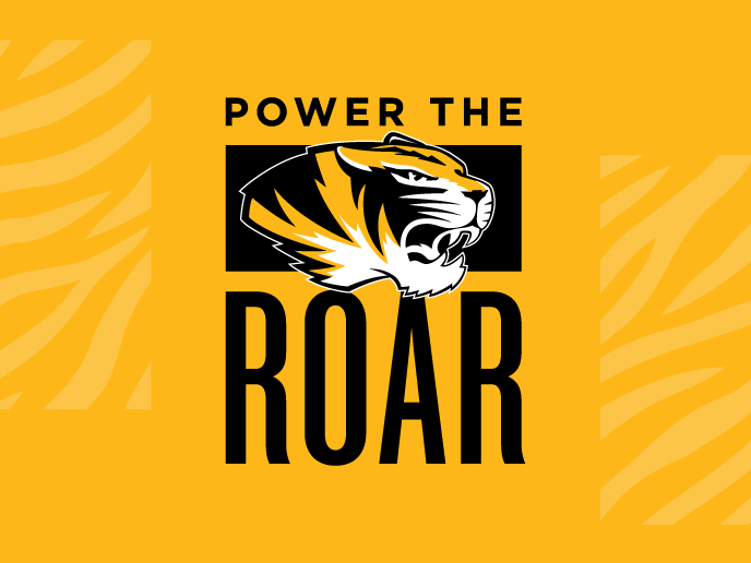 Power the Roar logo featuring Mizzou's black and gold tiger in profile