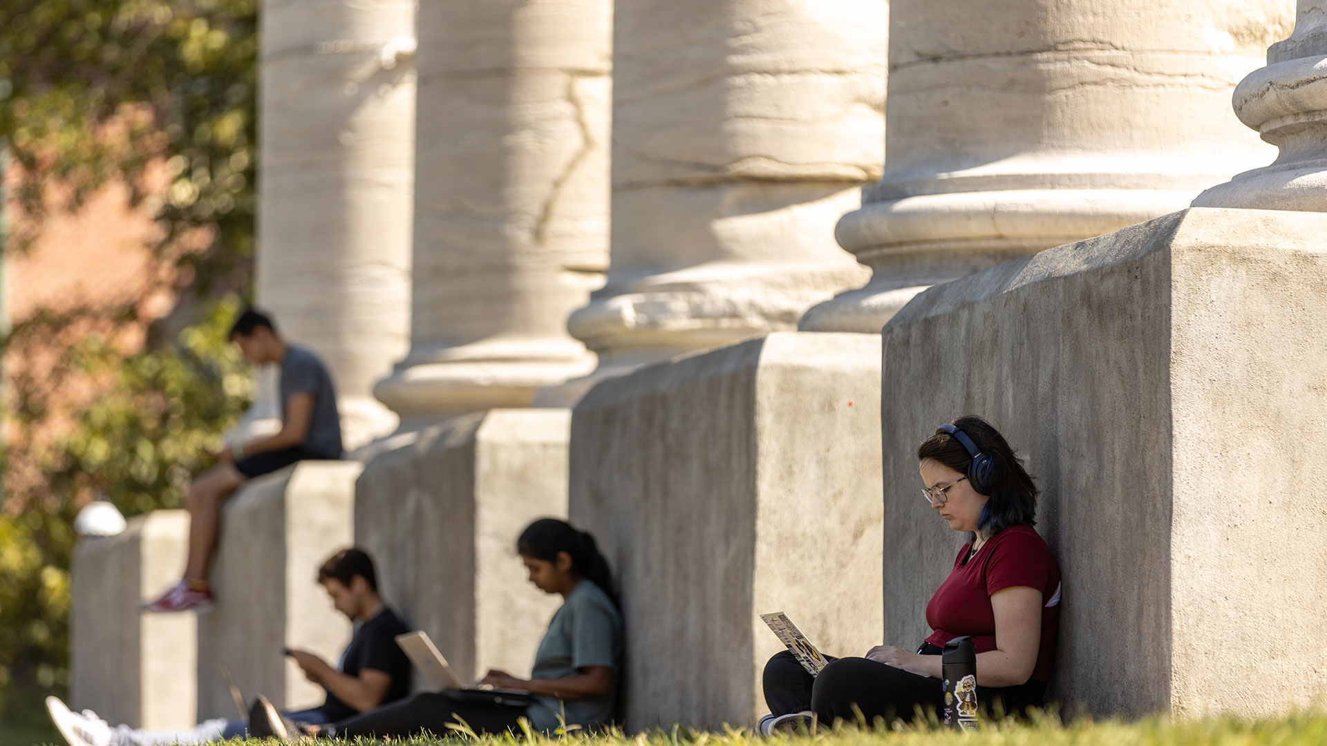 A group of students studying while sitting up against the Columns