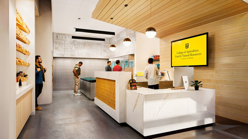 A rendering of a market space with shelving, a counter, refrigerated items, and customers waiting.