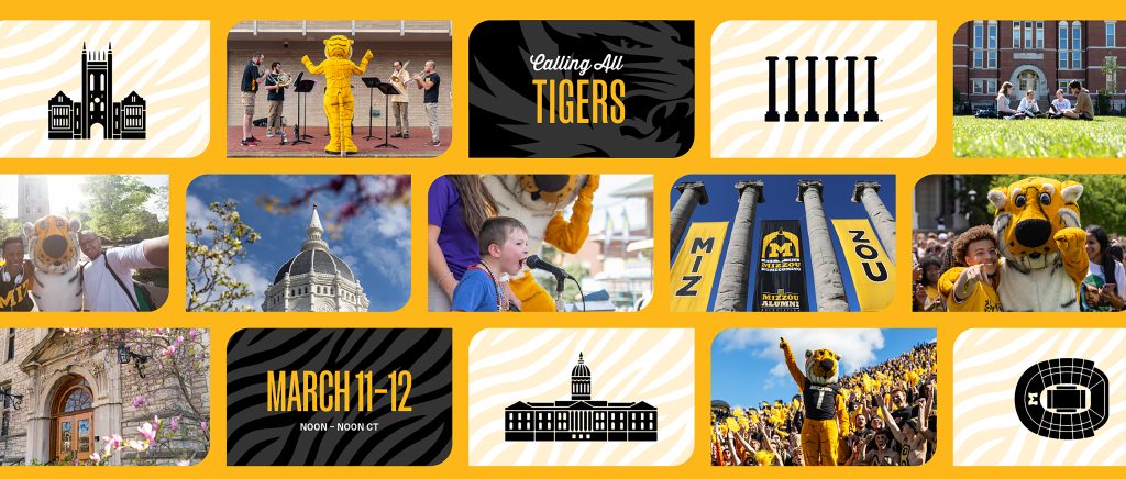 A collage of Mizzou activities and icons with the words calling all tigers and March 11-12 noon to noon central time.